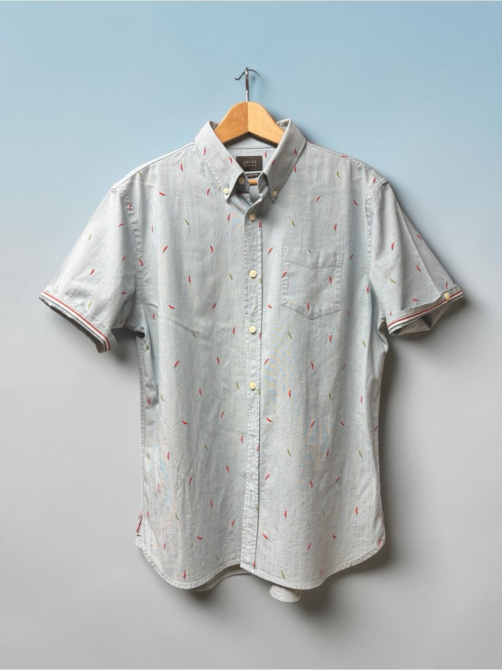 Jachs Light Blue Short-Sleeve Button-Down Shirt with Red and Yellow Micro Print